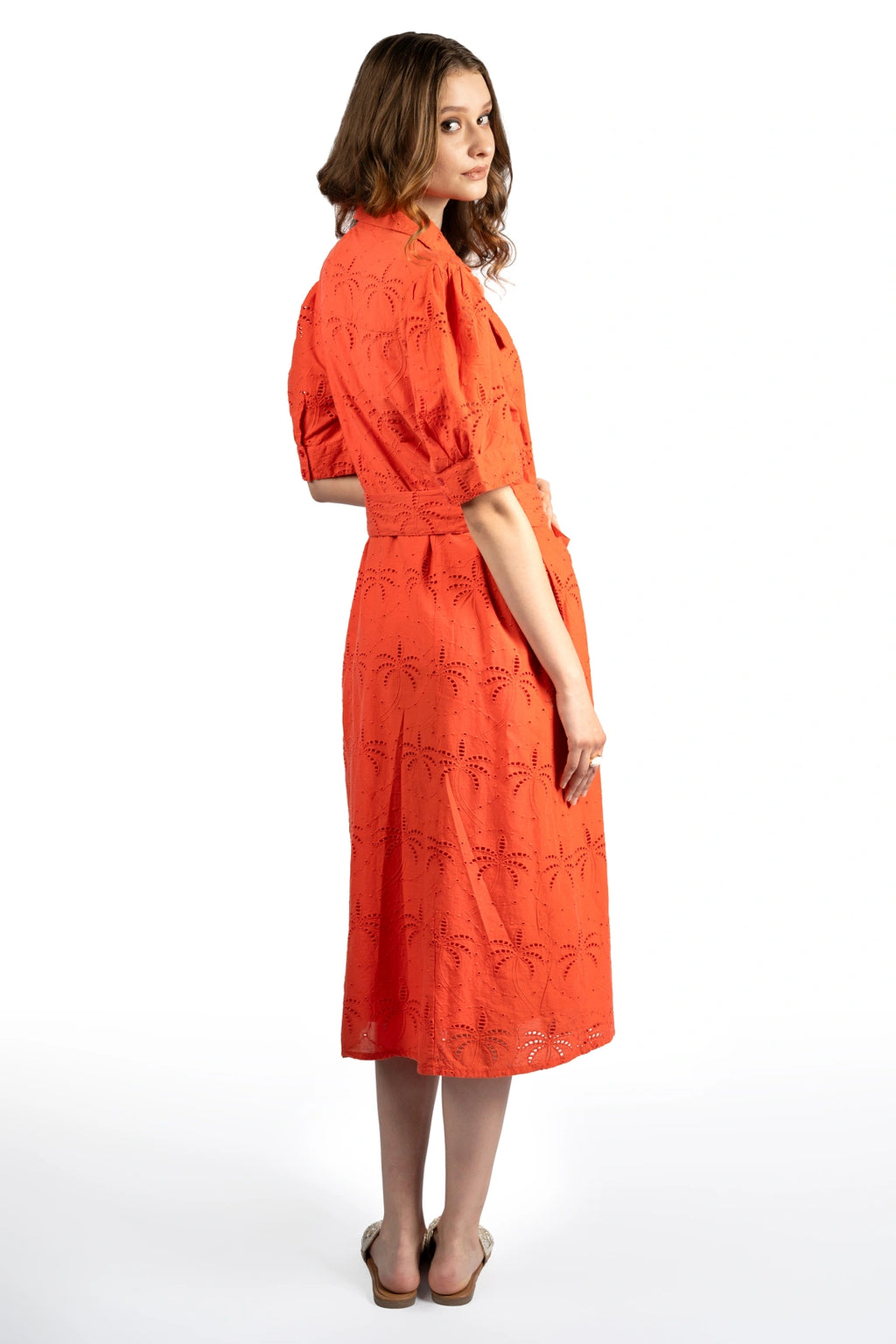Red Solid Cotton Schiffli Puff Sleeve Midi Dress