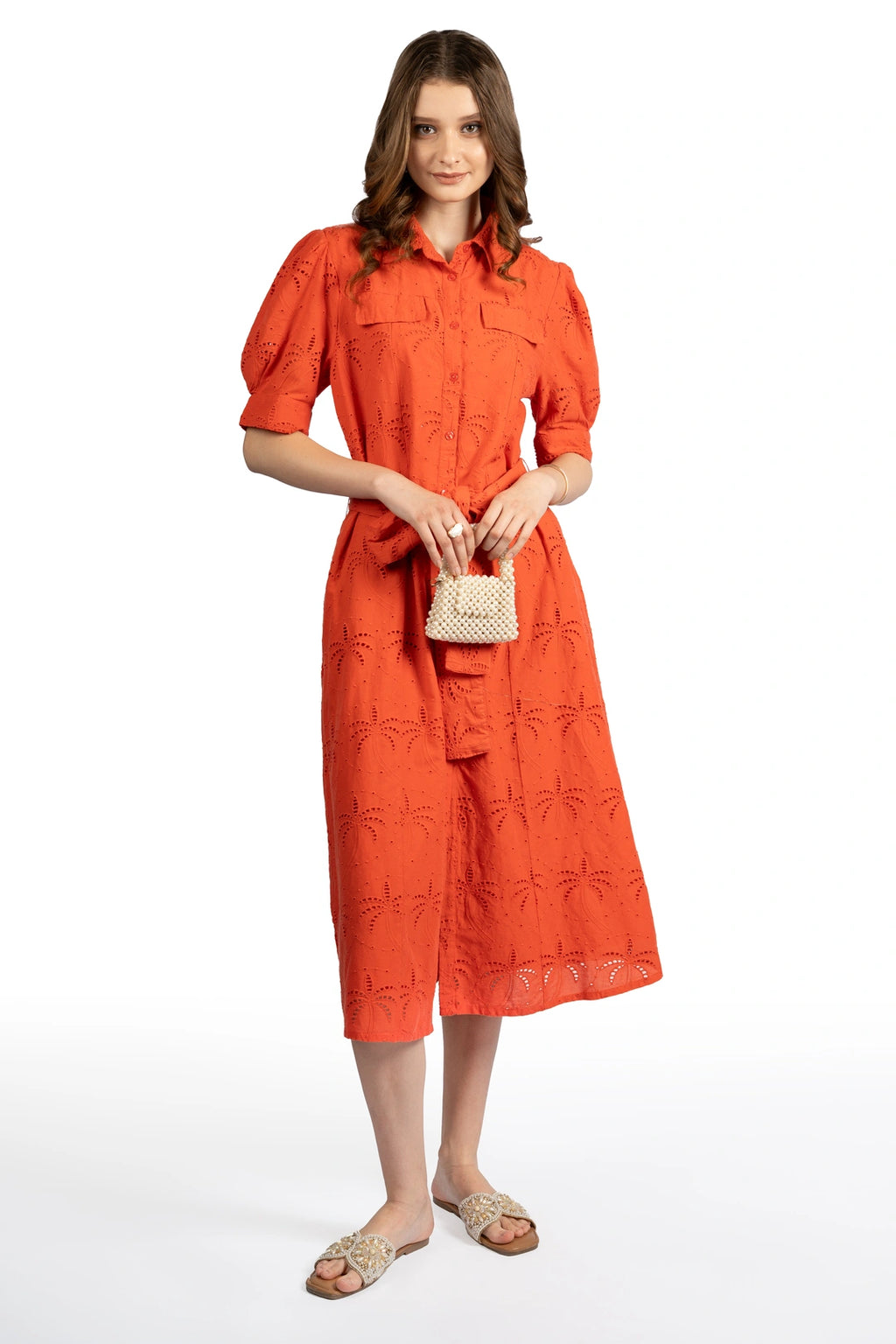Red Solid Cotton Schiffli Puff Sleeve Midi Dress
