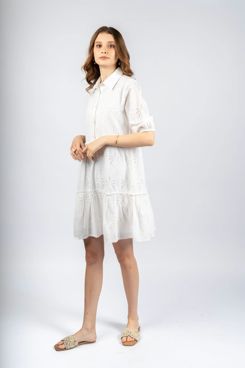 White Cotton Schiffly Fit & Flare Dress