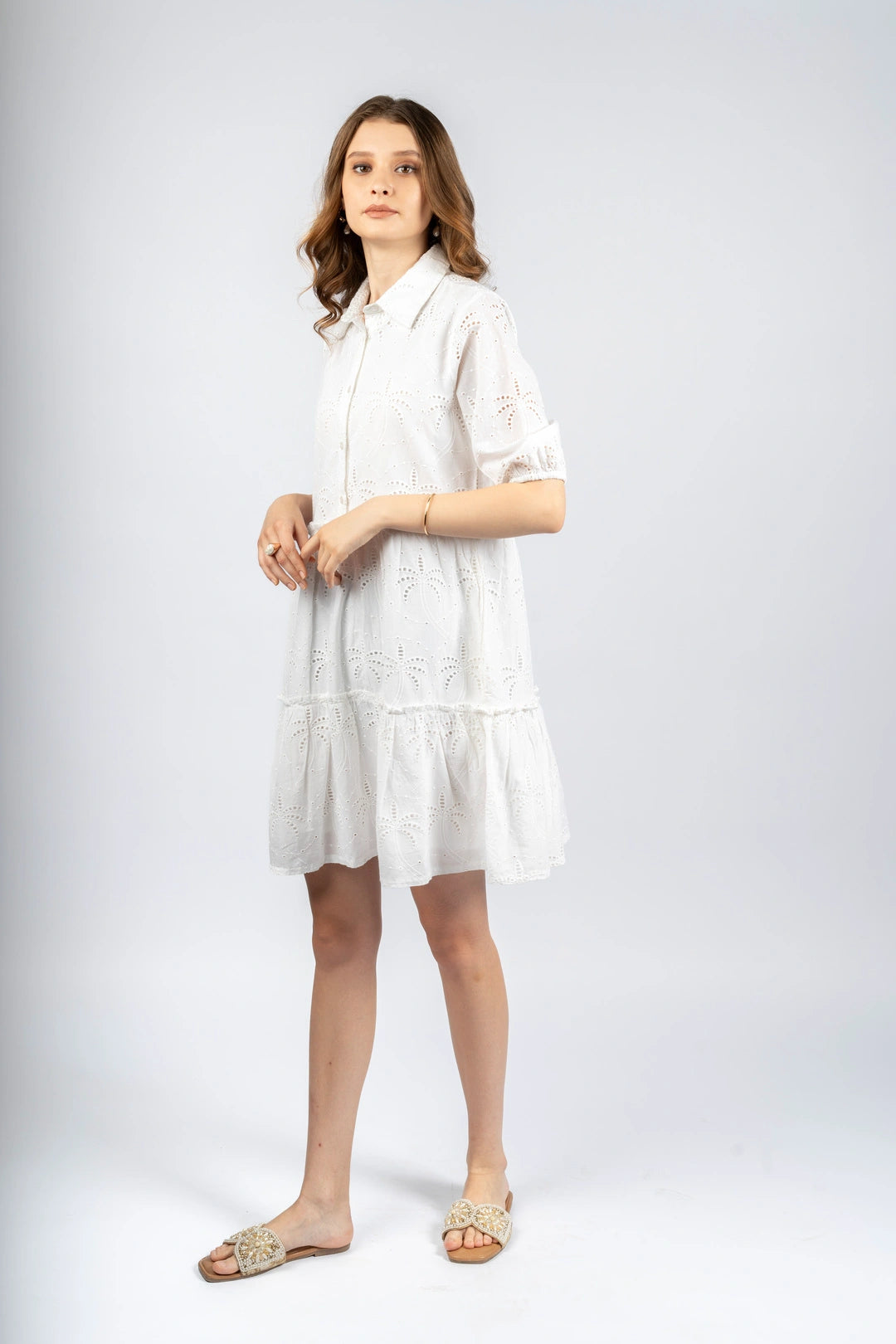 White Cotton Schiffly Fit & Flare Dress