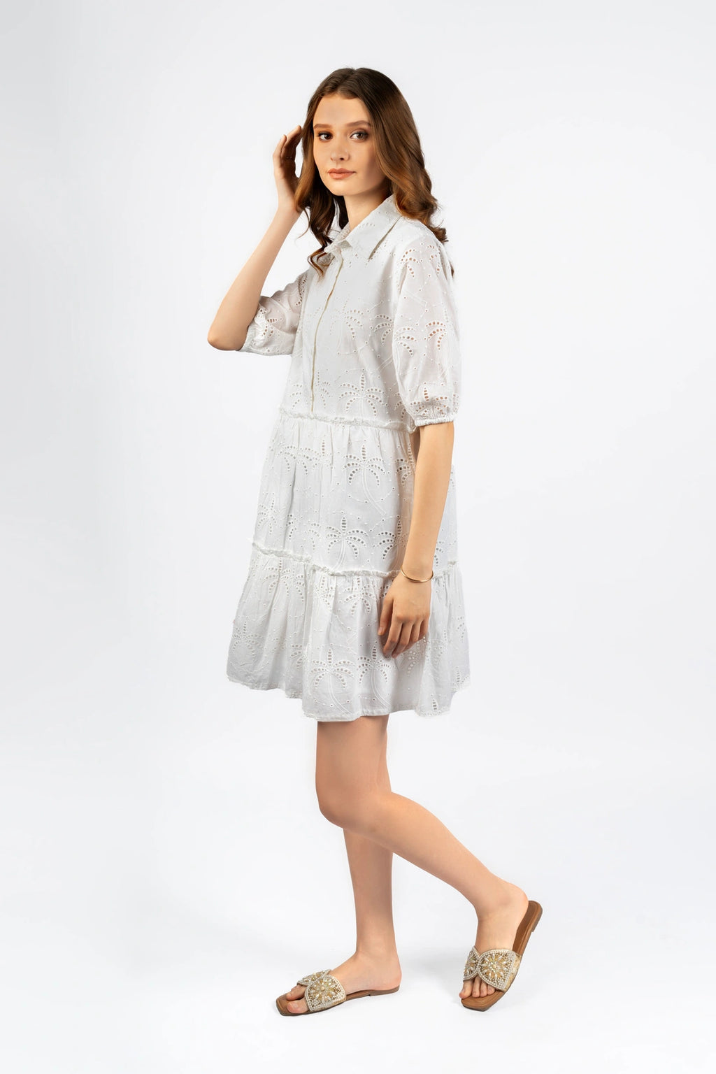 White Cotton Schiffly Fit & Flare Dress