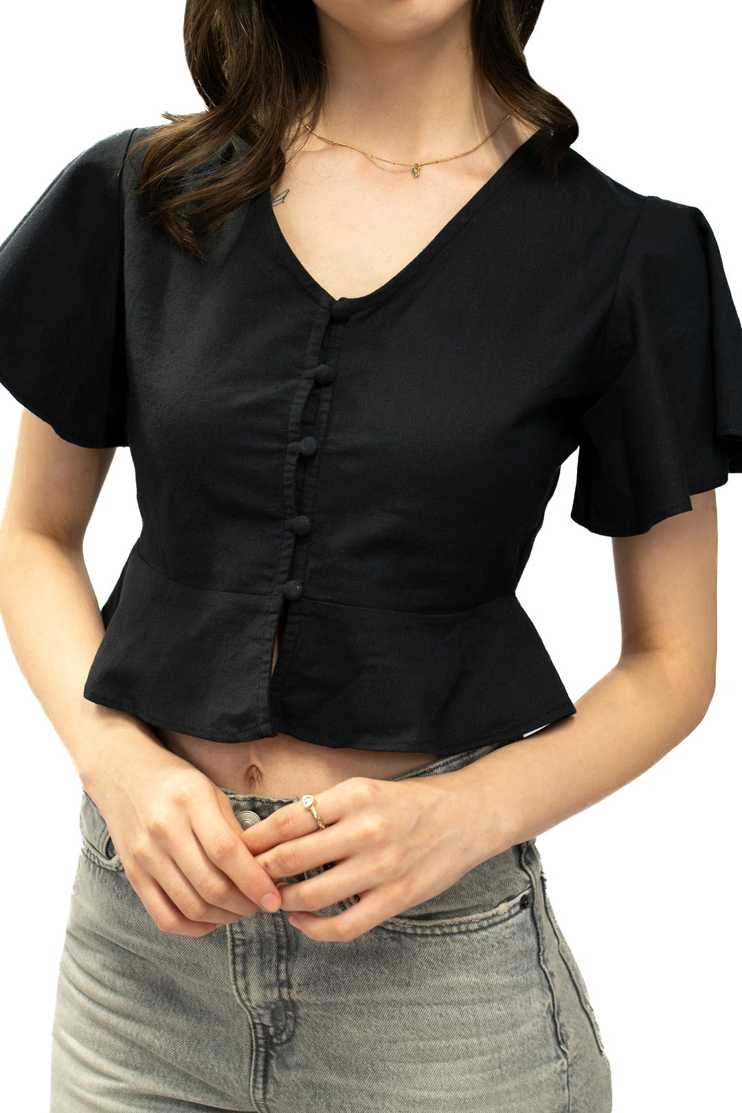 Black Cotton Linen Fitted Crop Top
